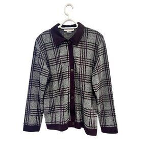 Cathy Daniels Womens Plaid Knit Cardigan Sweater Button Up Sz M Burgundy Gray
